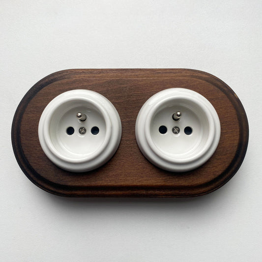 Wooden Frame Double French Power Socket Porcelain Loft Retro Electrical Flush-Mounting Vintage Cottage Ceramic Dark Brown With White