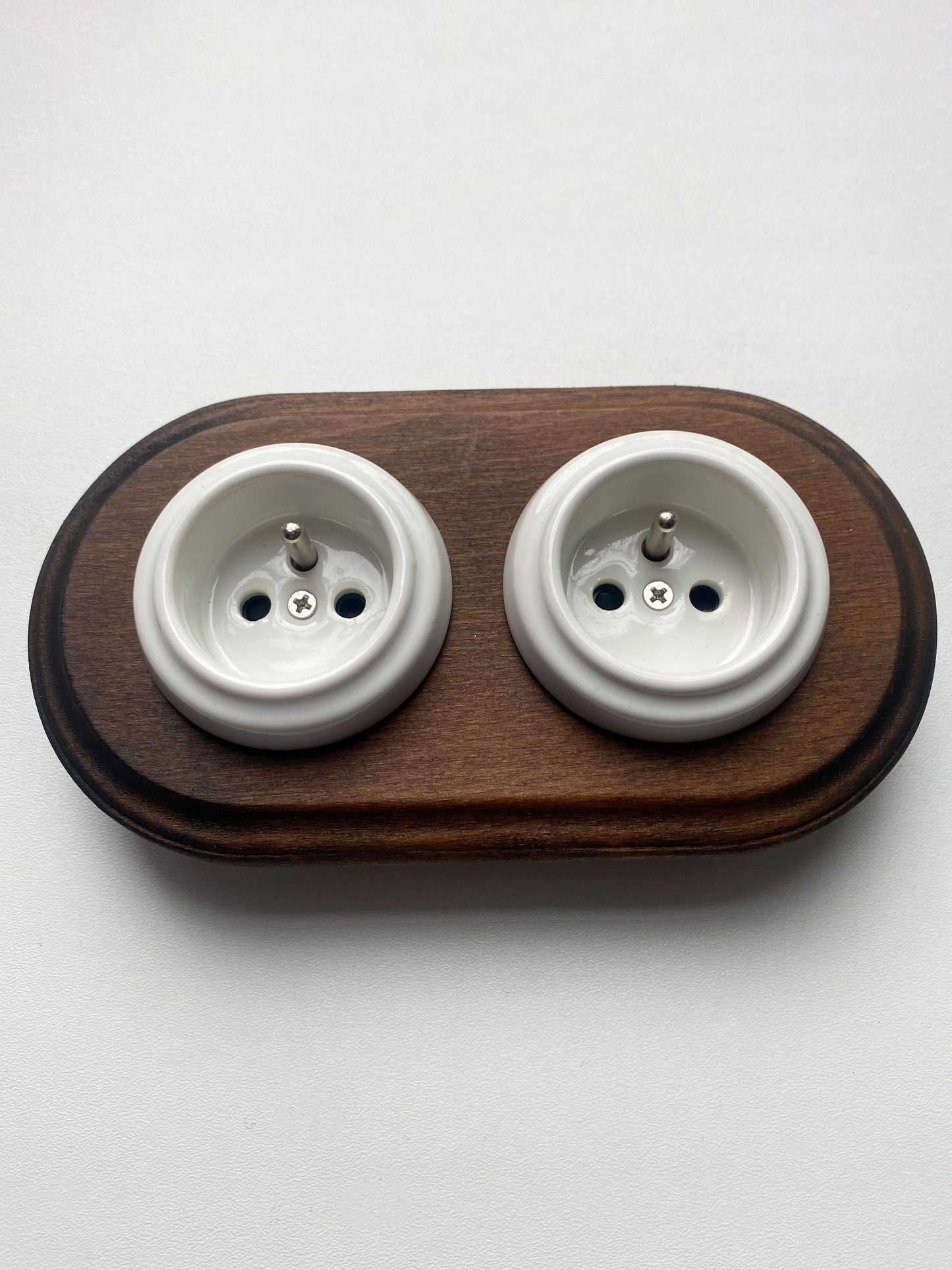 Wooden Frame Double French Power Socket Porcelain Loft Retro Electrical Flush-Mounting Vintage Cottage Ceramic Dark Brown With White