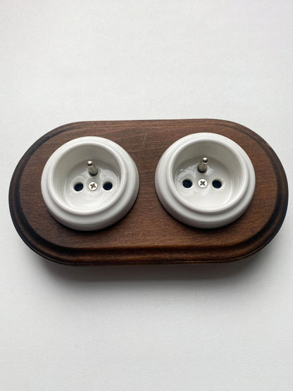 Wooden Frame Double French Power Socket Porcelain Loft Retro Electrical Flush-Mounting Vintage Cottage Ceramic Dark Brown With White