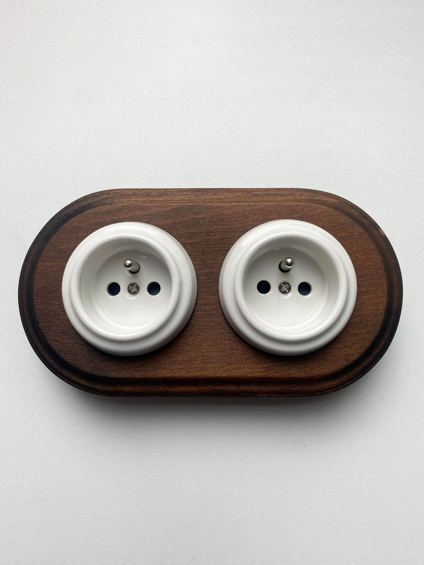 Wooden Frame Double French Power Socket Porcelain Loft Retro Electrical Flush-Mounting Vintage Cottage Ceramic Dark Brown With White