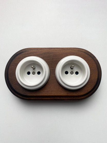 Wooden Frame Double French Power Socket Porcelain Loft Retro Electrical Flush-Mounting Vintage Cottage Ceramic Dark Brown With White