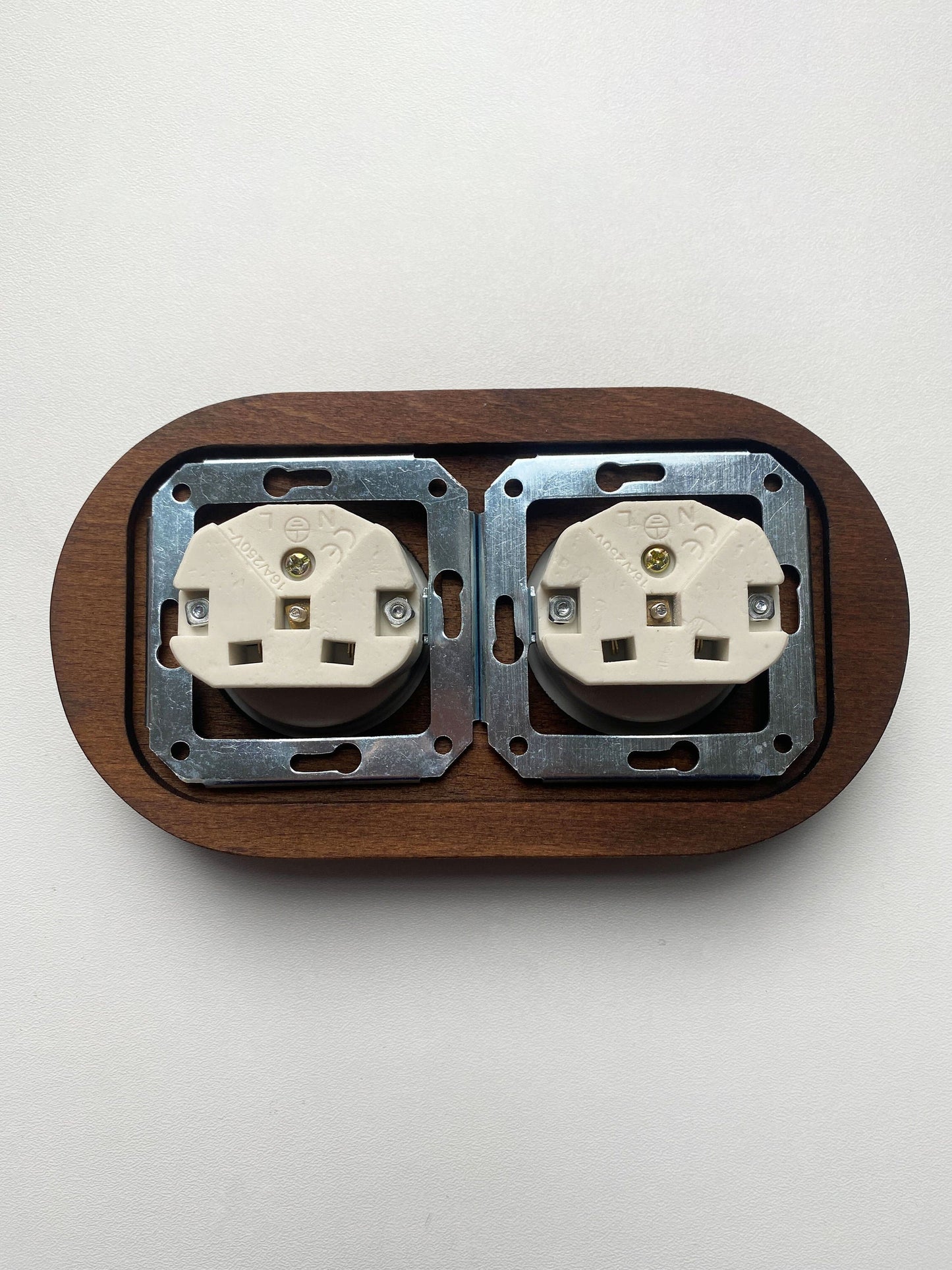 Wooden Frame Double French Power Socket Porcelain Loft Retro Electrical Flush-Mounting Vintage Cottage Ceramic Dark Brown With White