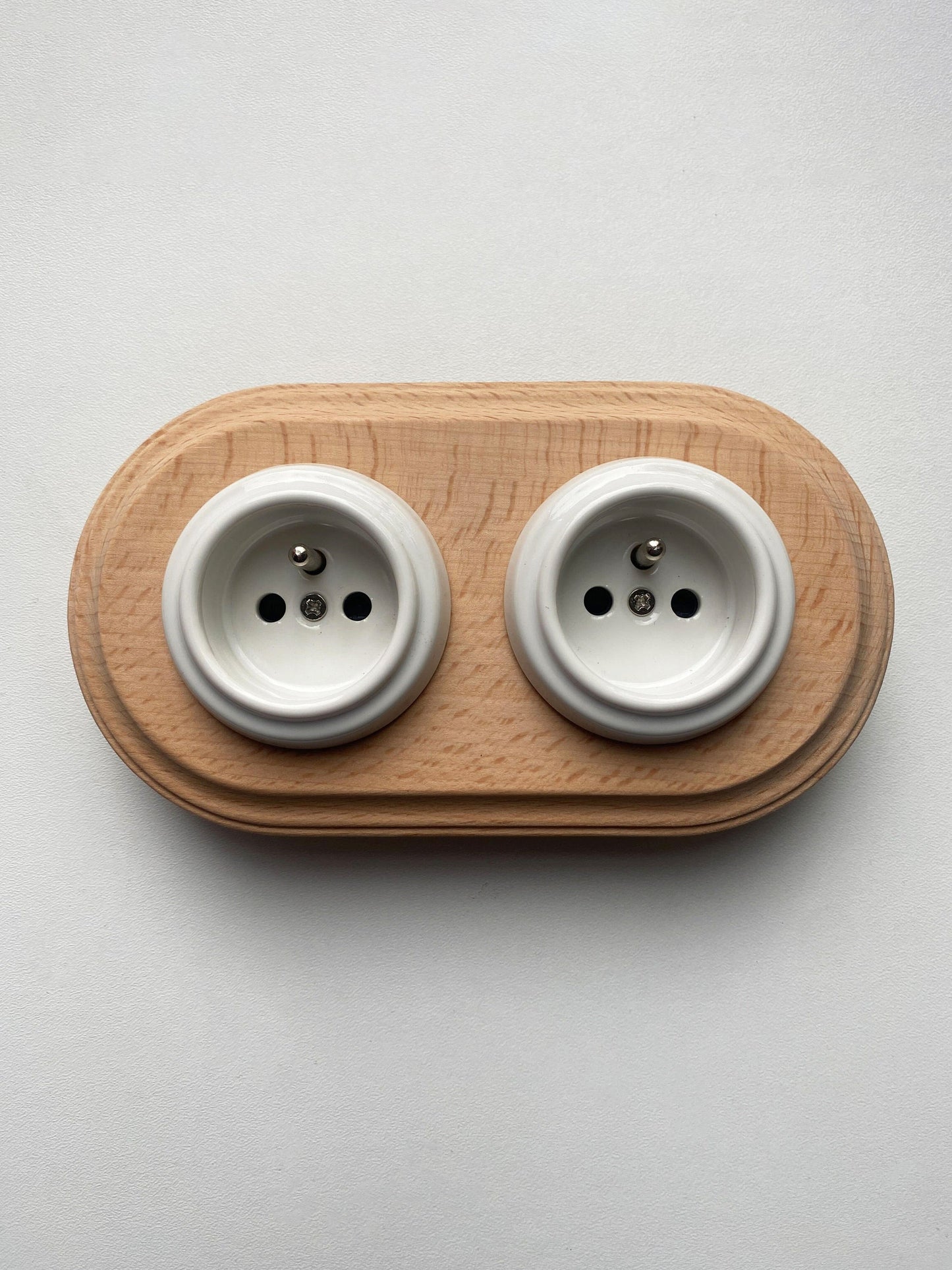 Wooden Frame Double French Power Socket Porcelain Loft Retro Electrical Flush-Mounting Vintage Cottage Ceramic Natural Beige With White