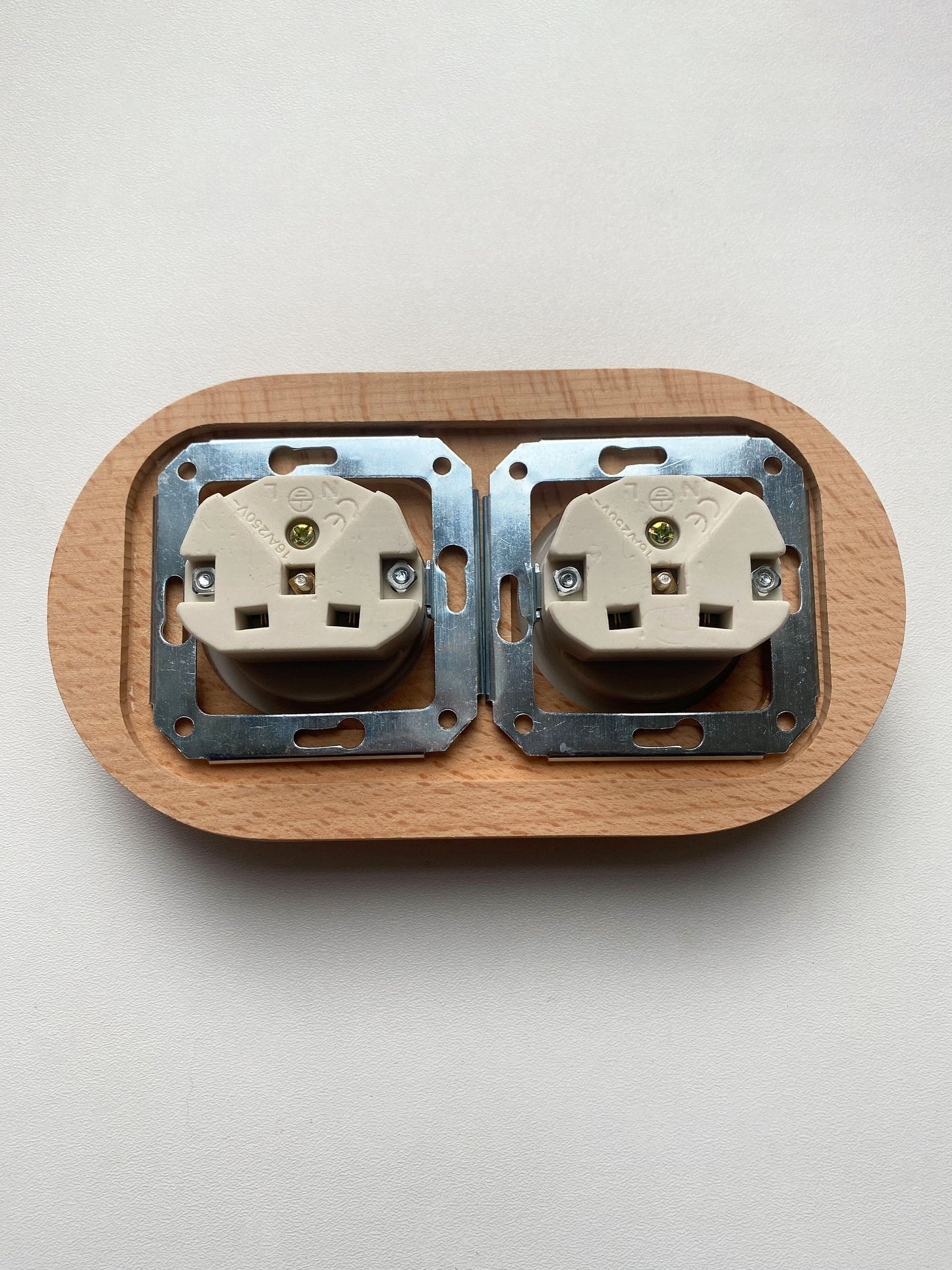 Wooden Frame Double French Power Socket Porcelain Loft Retro Electrical Flush-Mounting Vintage Cottage Ceramic Natural Beige With White
