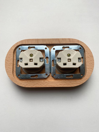 Wooden Frame Double French Power Socket Porcelain Loft Retro Electrical Flush-Mounting Vintage Cottage Ceramic Natural Beige With White
