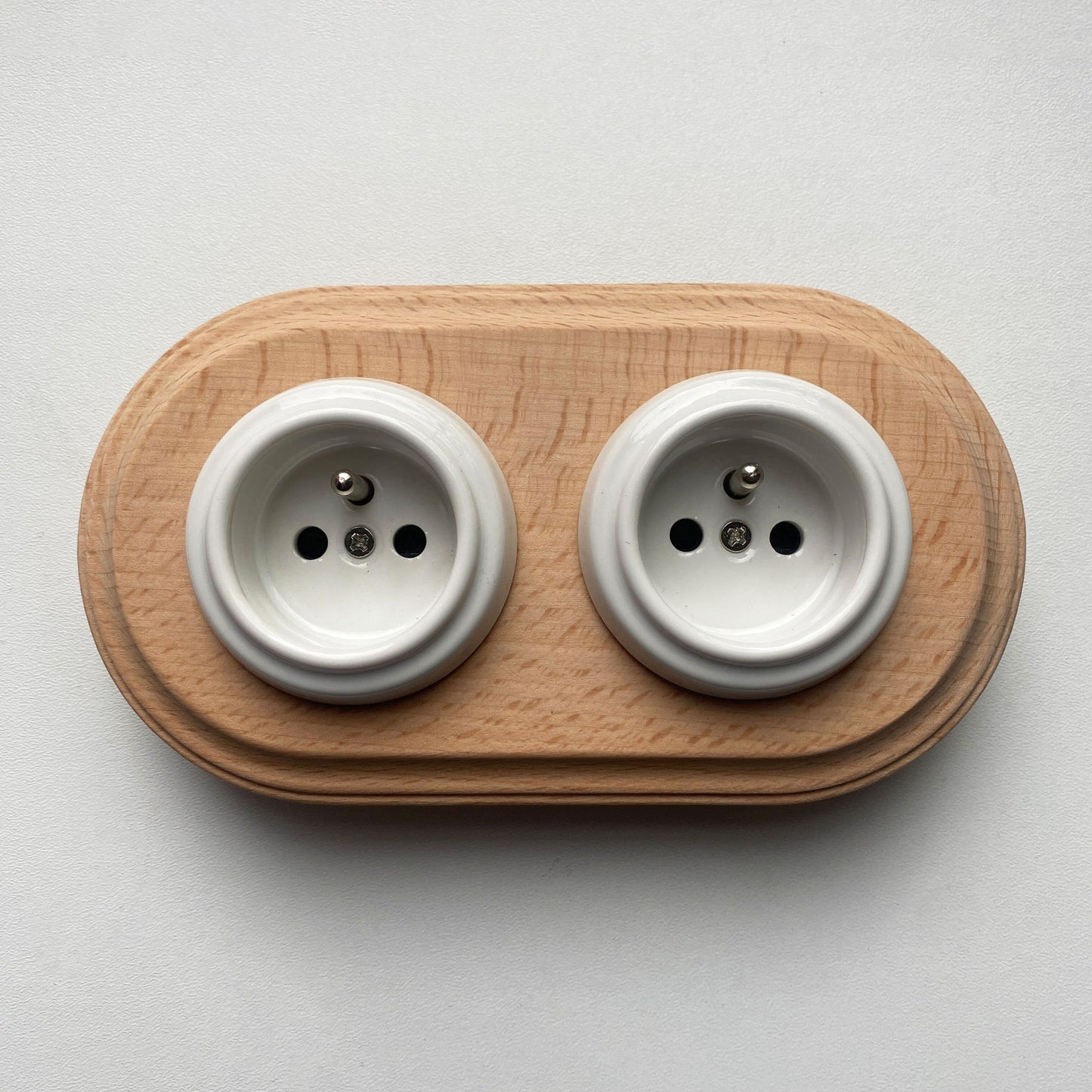 Wooden Frame Double French Power Socket Porcelain Loft Retro Electrical Flush-Mounting Vintage Cottage Ceramic Natural Beige With White