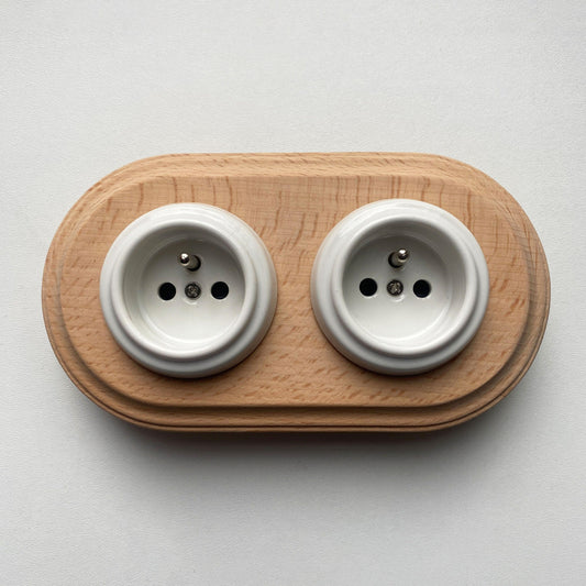 Wooden Frame Double French Power Socket Porcelain Loft Retro Electrical Flush-Mounting Vintage Cottage Ceramic Natural Beige With White