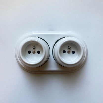 Surface-Mounting Double Frame French Schuko Power Socket Porcelain Loft Retro Electrical Vintage Cottage Ceramic White