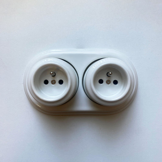Surface-Mounting Double Frame French Schuko Power Socket Porcelain Loft Retro Electrical Vintage Cottage Ceramic White
