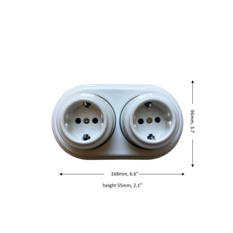 Surface-Mounting Double Frame German Schuko Power Socket Porcelain Loft Retro Electrical Vintage Cottage Ceramic White