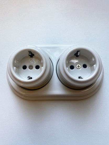 Surface-Mounting Double Frame German Schuko Power Socket Porcelain Loft Retro Electrical Vintage Cottage Ceramic White
