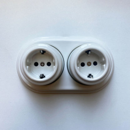 Surface-Mounting Double Frame German Schuko Power Socket Porcelain Loft Retro Electrical Vintage Cottage Ceramic White