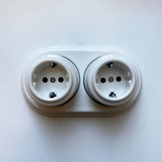 Surface-Mounting Double Frame German Schuko Power Socket Porcelain Loft Retro Electrical Vintage Cottage Ceramic White