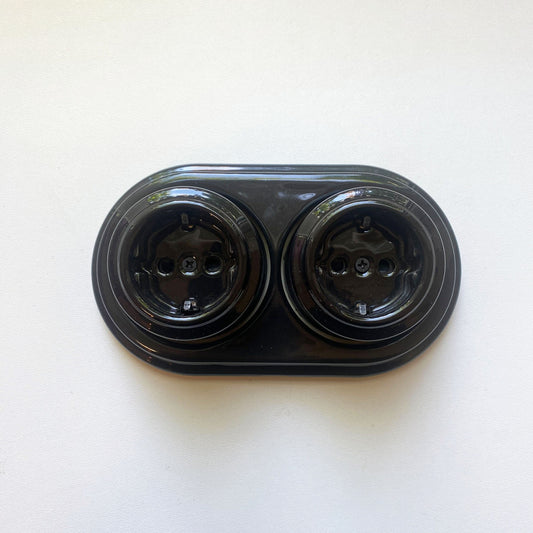 Surface-Mounting Double Frame German Schuko Power Socket Porcelain Loft Retro Electrical Vintage Cottage Ceramic Black