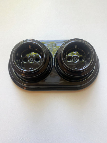 Surface-Mounting Double Frame German Schuko Power Socket Porcelain Loft Retro Electrical Vintage Cottage Ceramic Black