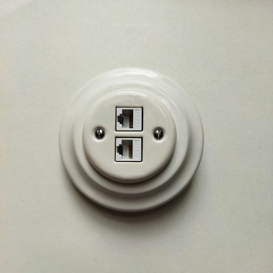 Porcelain Loft Retro Electrical Network CAT.5E Socket RJ45 Flush-Mounting Vintage Cottage Ceramic White