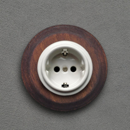 Wooden German Power Socket Porcelain Loft Retro Electrical Flush-Mounting Vintage Cottage Ceramic Dark Wood With White