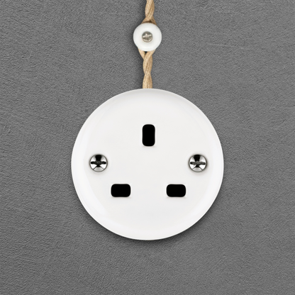Surface Mount UK Plug Socket (Type G) – Single 3-Pin Grounded Outlet in White Porcelain Without Frame