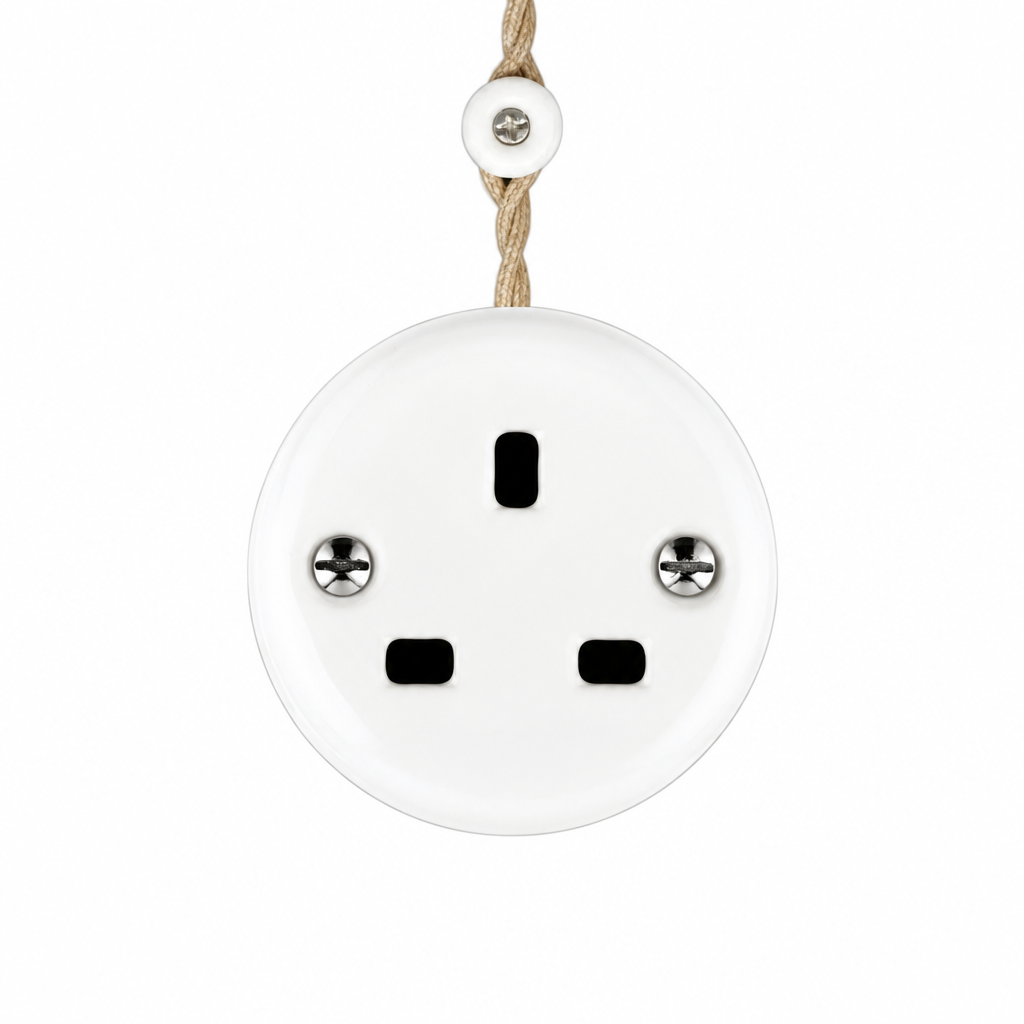 Surface Mount UK Plug Socket (Type G) – Single 3-Pin Grounded Outlet in White Porcelain Without Frame