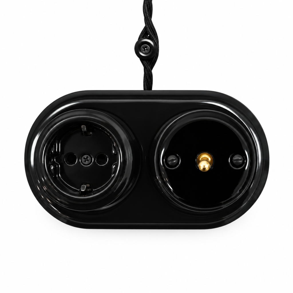 Surface Mount Schuko (Type F) Socket + Toggle Light Switch SET in Black Porcelain