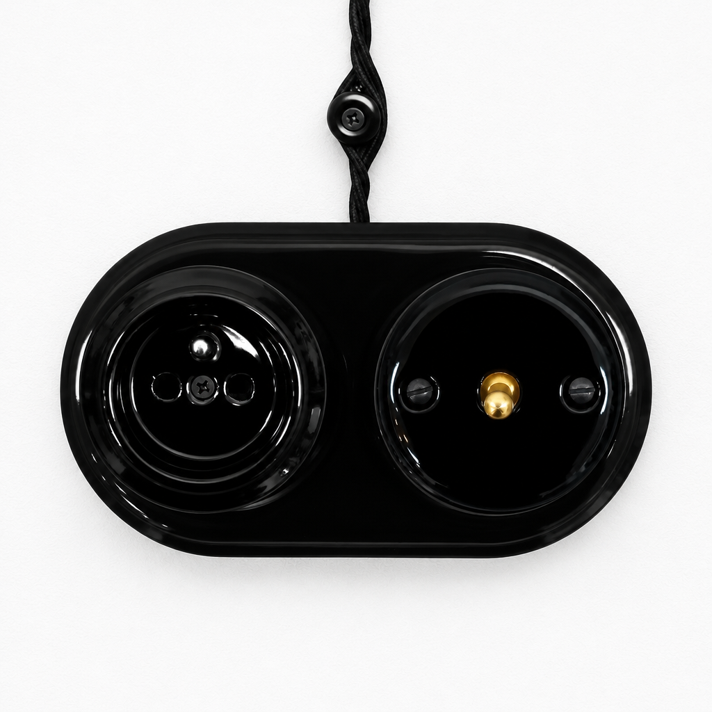 Surface Mount French (Type E) Socket + Toggle Light Switch SET in Black Porcelain