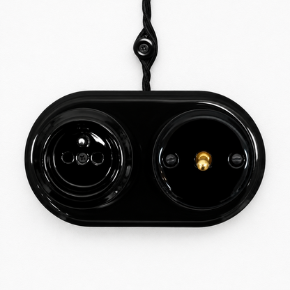 Surface Mount French (Type E) Socket + Toggle Light Switch SET in Black Porcelain