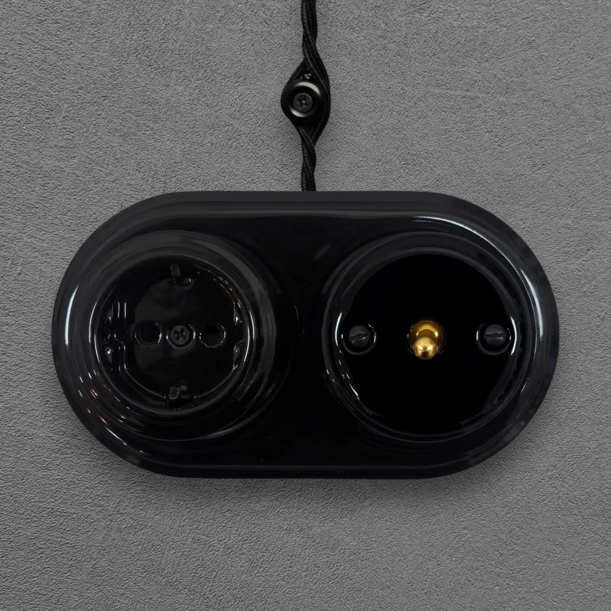 Surface Mount Schuko (Type F) Socket + Toggle Light Switch SET in Black Porcelain