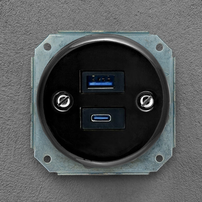 Flush Mount USB-A + USB-C Charging Socket Insert in Black Porcelain