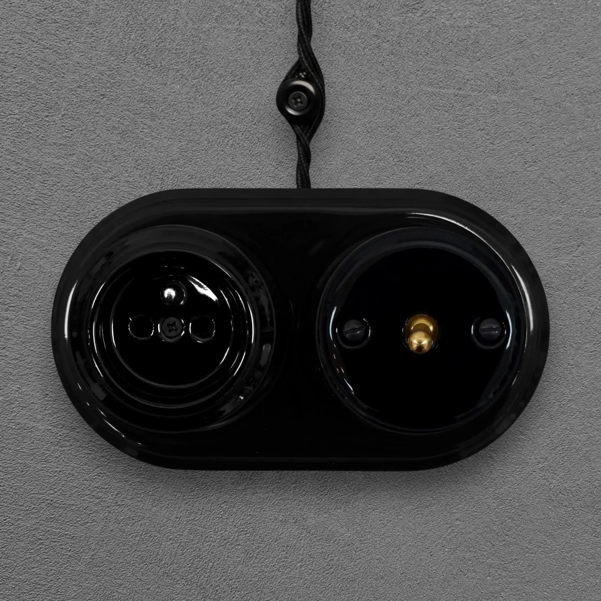 Surface Mount French (Type E) Socket + Toggle Light Switch SET in Black Porcelain