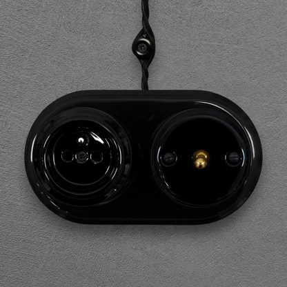 Surface Mount French (Type E) Socket + Toggle Light Switch SET in Black Porcelain