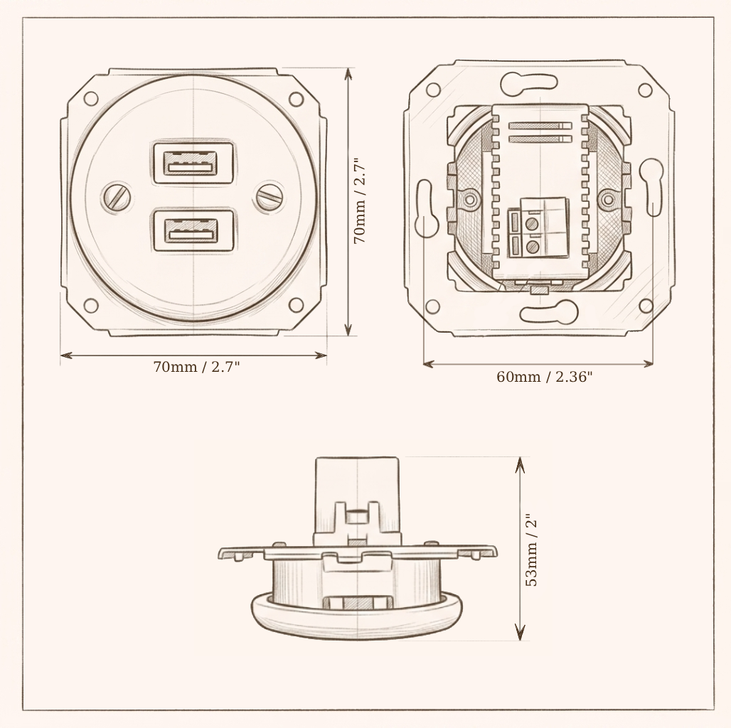 Flush Mount USB-A + USB-C Charging Socket Insert in Black Porcelain