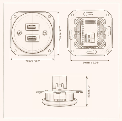 Flush Mount USB-A + USB-C Charging Socket Insert in Black Porcelain