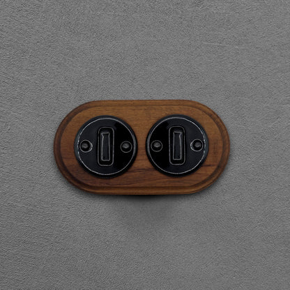Retro Style Black Ceramic Slim Rocker Light Switch 1-Gang Two-Way With Dark Wood Frame Flushed-Mounted
