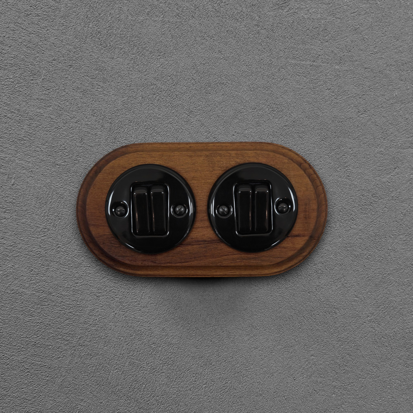 Retro Style Black Ceramic Slim Rocker Light Switch 2-Gang Two-Way With Dark Wood Frame Flushed-Mounted