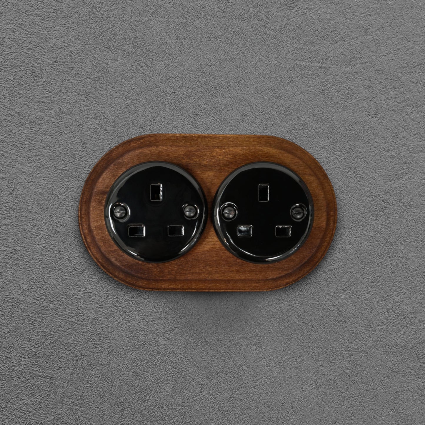 Retro Style Black Ceramic Double UK Type Socket Dark Wood Frame Flushed-Mounted