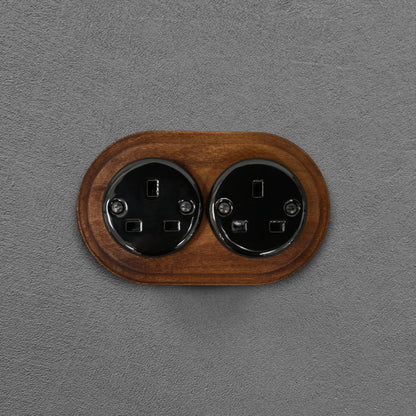 Retro Style Black Ceramic Double UK Type Socket Dark Wood Frame Flushed-Mounted