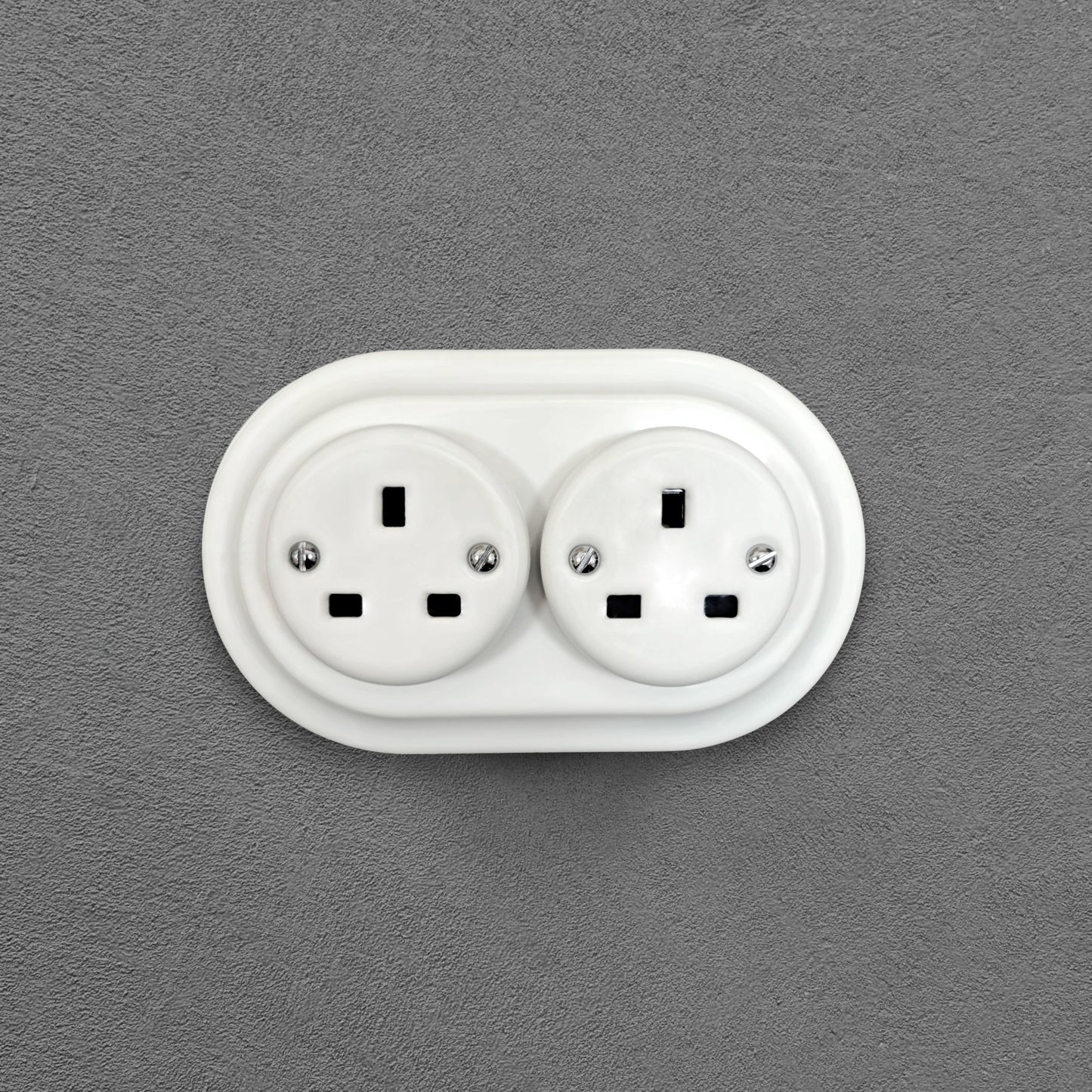Retro style White Ceramic Double UK Type socket Plug UK 3 Prong Flushed-Mounted Vintage Cottage