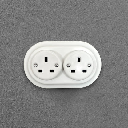 Retro style White Ceramic Double UK Type socket Plug UK 3 Prong Flushed-Mounted Vintage Cottage