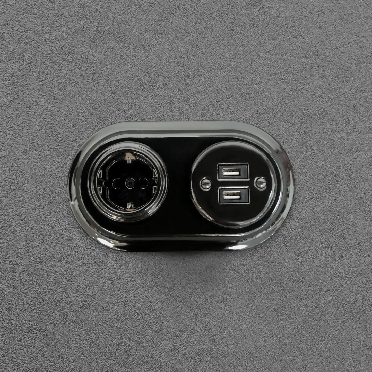 Retro Style Black Ceramic German Schuko And 2xUSB Charging Socket SET Flushed-Mounted