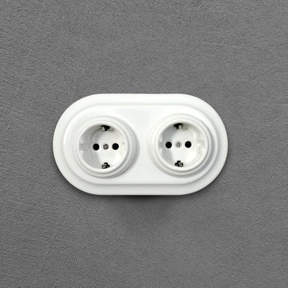 Double Power Socket Porcelain Loft Retro Electrical German Schuko Flush-Mounting Vintage Cottage Ceramic White