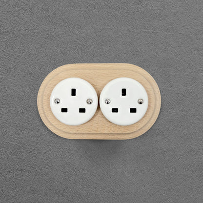 Retro Style White Ceramic Double UK Type Socket Natural Wood Frame Flushed-Mounted