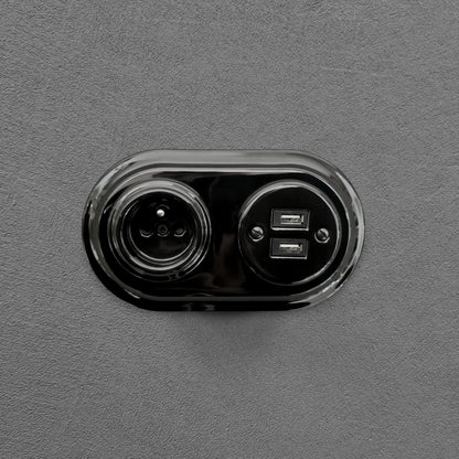 Retro Style Black Ceramic French And 2xUSB Charging Socket SET Flushed-Mounted
