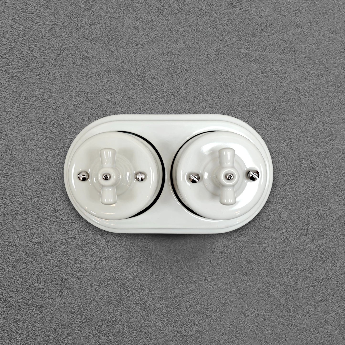 Double Retro Style White Ceramic Type-2 Double One-Way Rotary Light Switch Surface-Mounted
