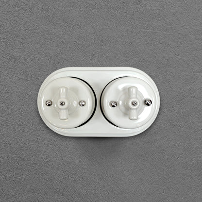 Double Retro Style White Ceramic Type-2 Double One-Way Rotary Light Switch Surface-Mounted