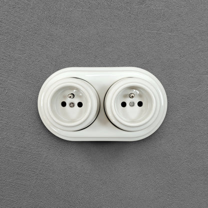 Surface-Mounting Double Frame French Power Socket Porcelain Loft Retro Electrical Vintage Cottage Ceramic White