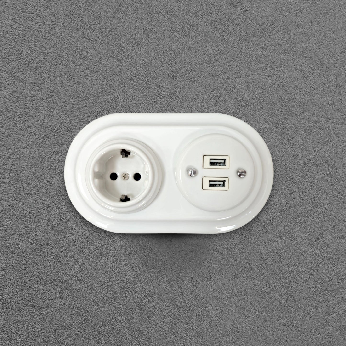 Retro Style White Ceramic German Schuko And 2xUSB Charging Socket SET Flushed-Mounted