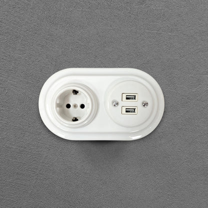 Retro Style White Ceramic German Schuko And 2xUSB Charging Socket SET Flushed-Mounted