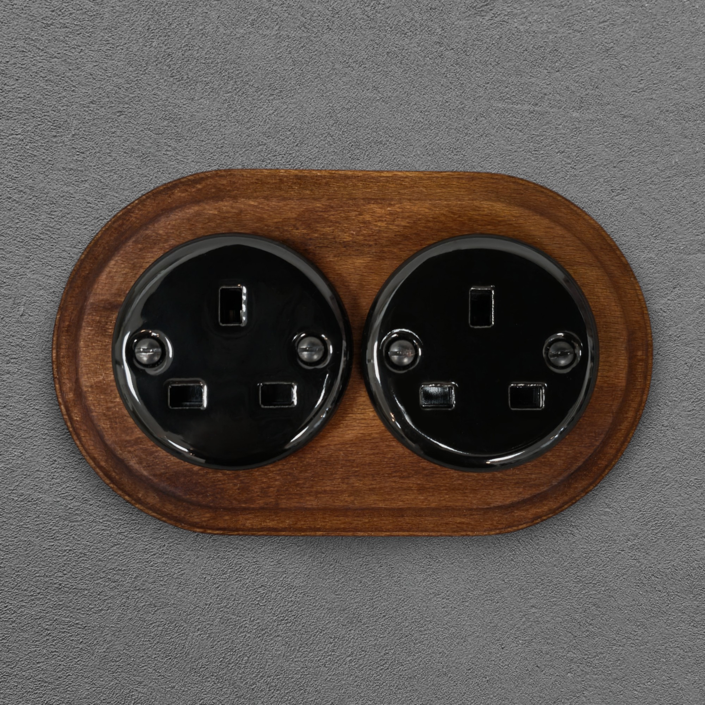 Retro Style Black Ceramic Double UK Type Socket Dark Wood Frame Flushed-Mounted