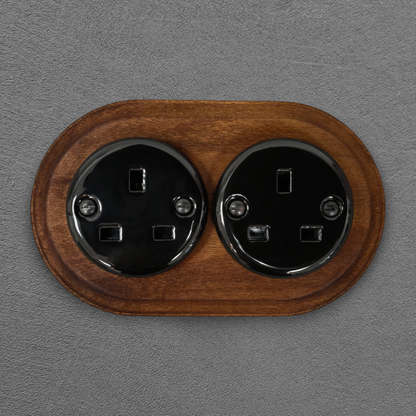 Retro Style Black Ceramic Double UK Type Socket Dark Wood Frame Flushed-Mounted