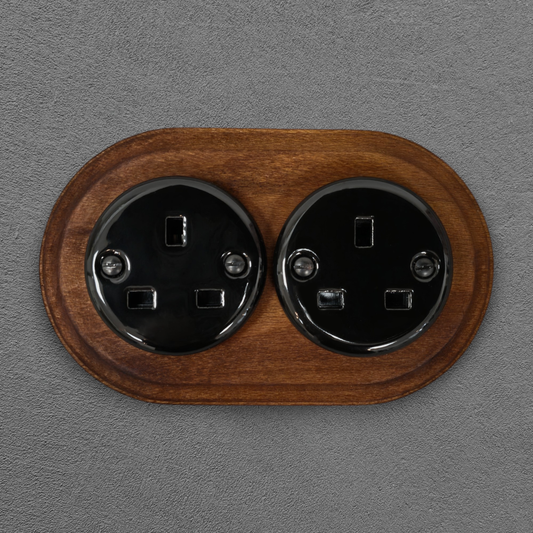 Retro Style Black Ceramic Double UK Type Socket Dark Wood Frame Flushed-Mounted